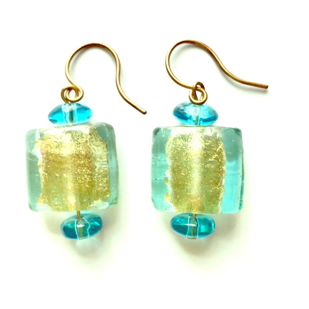 Aqua Blue & Golden Glass Earrings